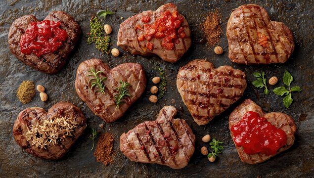 Various levels of beef steak roasting in a heart shape with spices on a stone backdrop, including space for text.