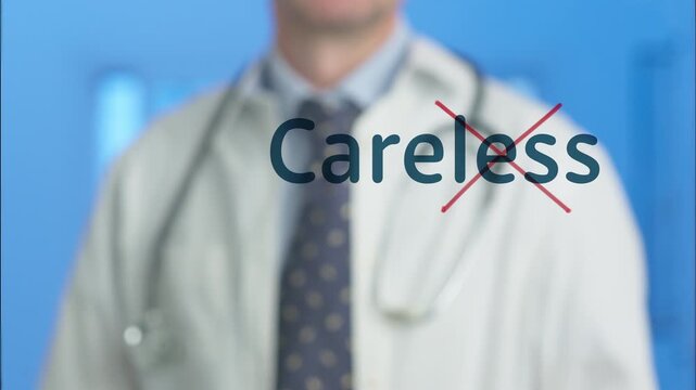 Doctor draws a red X over &ldquo;less&rdquo; in &ldquo;Careless,&rdquo; revealing &ldquo;Care&rdquo; on a glass board. Conceptual healthcare scene about prevention, hygiene, and professional patient care..