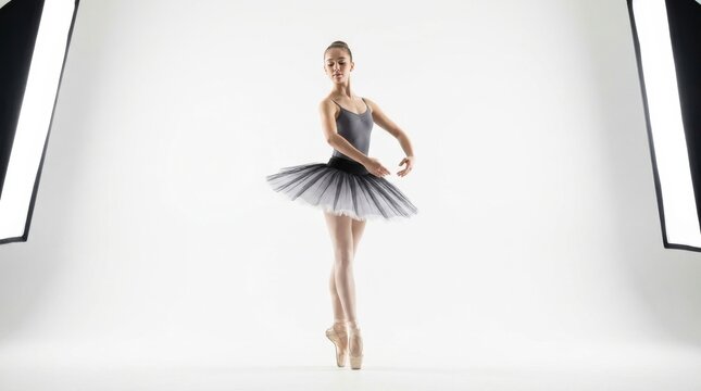 Ballet dancer in rehearsal. Elegant young ballerina dancing en pointe in grey leotard and black tutu isolated on bright white studio background with extensive copy space.