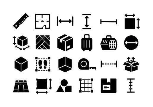 Space Dimension Measurement. Solid glyph icon set of area, floorplan, package, and size measurement symbols: ruler, room plan, width arrows, height arrows, length arrows, square area, cube dimension,