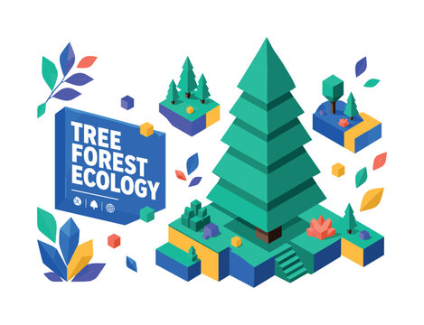 Tree Forest Ecology , oversized pine tree with bold geometric depth, layered woodland blocks and floating leaf clusters, asymmetric editorial layout, electric blue and deep teal with warm yellow