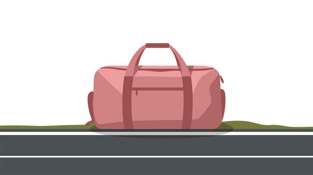 A pink gym bag sits on a green grassy patch bordering a grey asphalt road under a bright sky in a clean and minimal flat vector graphic illustration style for travel themes.