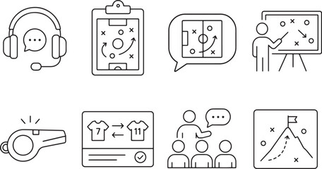 Soccer coaching and strategy concept outline icons. sport training, game plan, tactics, and team management. © SumaiyaAkter