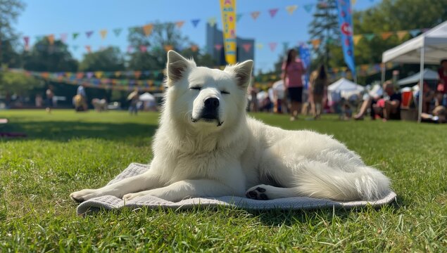 White stray dog napping, hoping for a companion at the adoption event.