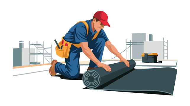 A professional tradesman in a red cap and blue uniform unrolls a large black rubber membrane on a flat roof deck at a construction site.