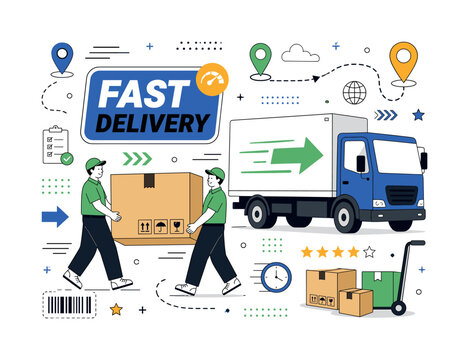 Logistics Delivery. Logistics, shipping, delivery, distribution, cargo, supply chain, freight, export and import. Clean editorial banner with one delivery operation scene: 2 geometric workers moving