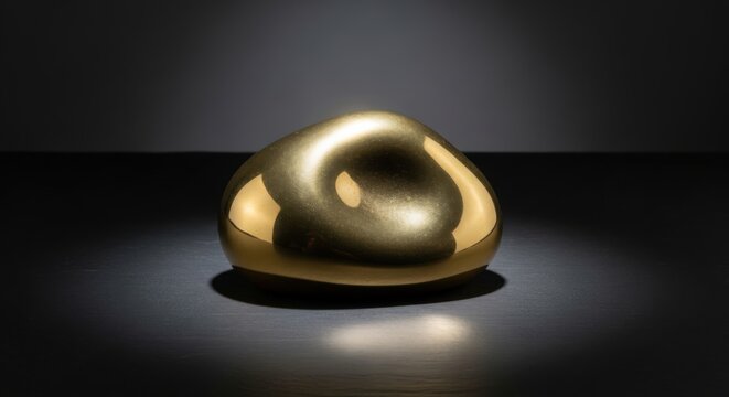 A heavy brass paperweight in the shape of a smooth pebble resting on a dark surface, captured in a widescreen cinematic shot that emphasizes the luxurious gold metallic reflection and sleek design.