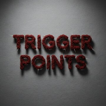 Trigger Points text rendered in textured, blood-red letters with sharp points, casting dramatic shadows on a textured grey surface, evokes a sense of unease and critical issues.