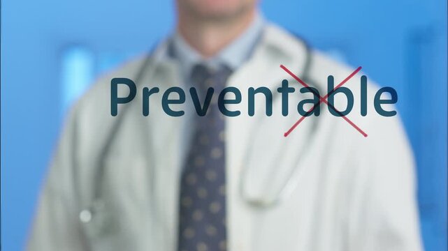 Doctor draws a red X over &ldquo;able&rdquo; in &ldquo;Preventable,&rdquo; revealing &ldquo;Prevent&rdquo; on a glass board. Conceptual healthcare scene about prevention, early action, and proactive care, medical diagnosis or prognosis