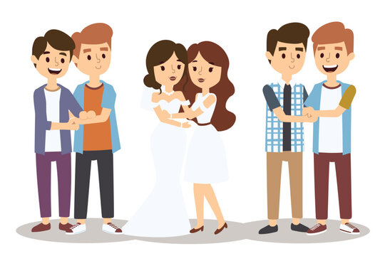Samegender couples joyful, smiling embrace cartoon style diverse clothing Caucasian casual formal. Two women brides wedding dresses isolated white background. Young men cheerful, modern outfits