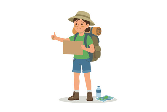 Young female explorer wearing hat, green shirt, blue shorts carrying backpack standing isolated white background. Holding map, giving thumbs up. Water bottle, map scattered near feet. Cartoon