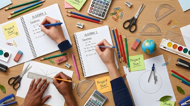 Students working together on algebra math problems at a wooden desk with various school supplies like calculators and rulers