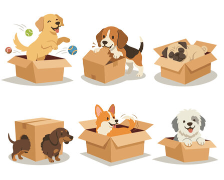 Diverse dog breeds playing boxes cheerful poses isolated white background. Playful puppies exploring cardboard containers fun interaction cartoon artwork. Cute adorable canines enjoying lively