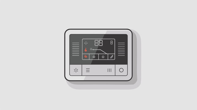 An advanced climate control panel features a detailed black LCD display with status icons for heating and ventilation set in a sleek modern rectangular frame.