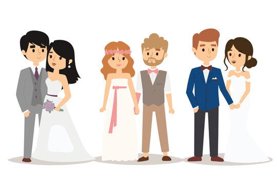 Three couples dressed wedding attire stand smiling, multicultural bride groom pairs, cartoon style. Vector illustration marriage celebration showing diverse ethnicities traditional ceremony dresses