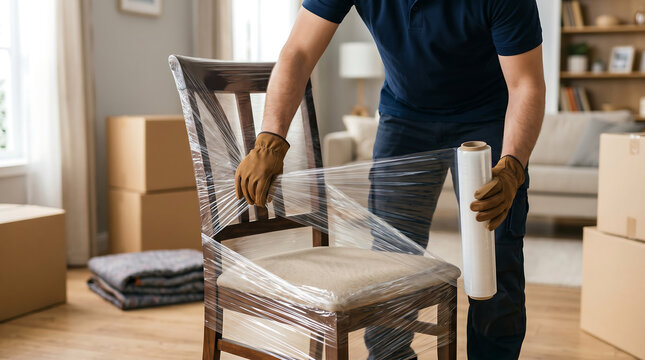 Professional Moving Service Worker Wrapping Wooden Chair with Transparent Plastic Stretch Film for Safe Furniture Protection During Move