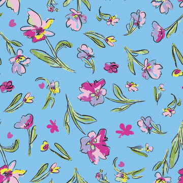 Hand drawn, abstract, artsy flowers with leaves as seamless repeat pattern on cloud blue background. Random placed, vector botanical drawing aop, all over surface print.