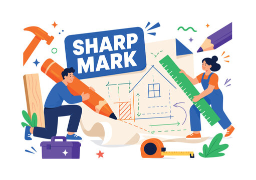 Construction Crayon Tools banner scene with 2 expressive stylized human characters interacting with oversized carpenter crayon and giant drafting paper, construction marking and drawing tool theme,