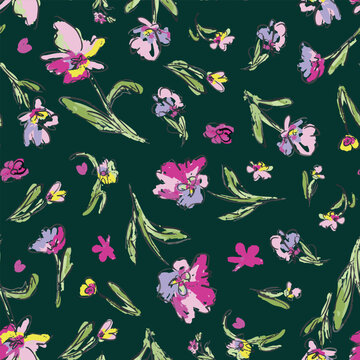 Random placed, vector botanical drawing aop, all over surface print. Hand drawn, abstract, artsy flowers with leaves as seamless repeat pattern on dark green background.