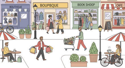 People shopping in a charming street with boutiques, book shop, and cafe. Urban lifestyle illustration. © Rizal