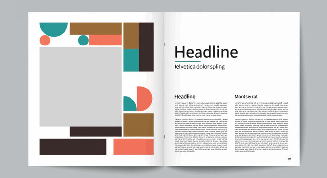 Modern Magazine Layout with Geometric Shapes and Placeholder Image