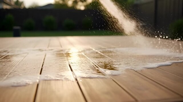 Water spraying across a wooden outdoor deck with splashing droplets in a residential backyard. Home cleaning, maintenance, and patio care concept.