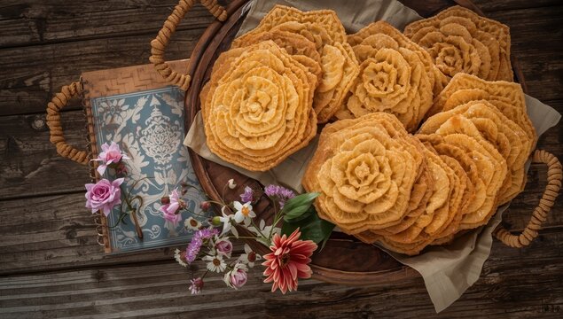 Crispy lotus blossom cookies on a wooden plate. Thai dessert known as kanom dook jook. Aerial view.