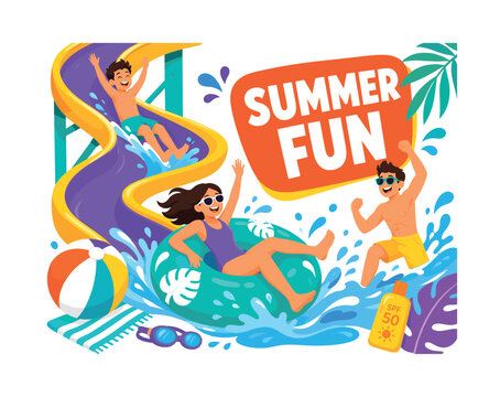 Summer Water Slide banner scene with three expressive stylized vacationers sliding around oversized waterslide and pool float across the full canvas, curving slide reaching top and bottom edges,