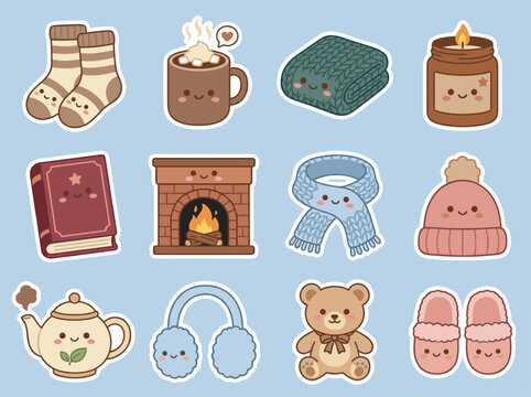 Cute Kawaii Cozy Hygge Winter Comfort Season Sticker Set Warm Vector Bundle