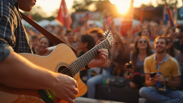 Acoustic guitars. Live performances. Music festival. Male artist on guitar. Close-up of hands playing acoustic guitar.