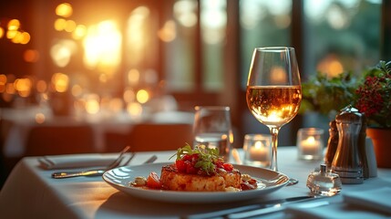 Naklejka premium Delicious Italian Pasta Dish on Elegant Restaurant Table with Wine