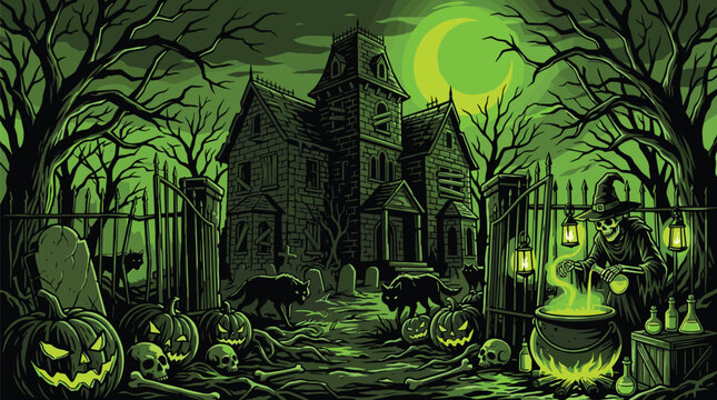 Cursed house stands in a green forest as a skeletal witch prepares a spell with wolves and pumpkins nearby.