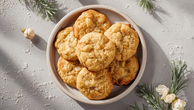 Coconut cookies made at home on a gray backdrop. Nutritious snack idea. For promoting sweets.