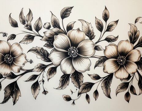 Elegant Vintage Floral Batik Pattern Illustration with Hand Drawn Botanical Elements