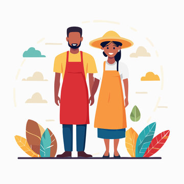 Couple wearing aprons, holding hands, with stylized plants and clouds