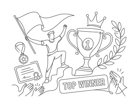 Winner Achievement Awards. Clean one-line drawing banner with a champion celebrating beside an oversized trophy cup and victory flag, with medal, certificate, crown, laurel, and applause hands filling