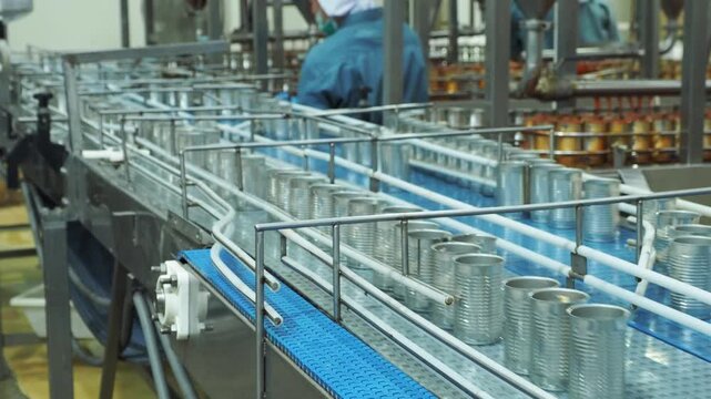 Food processing line with worker packing sardine in can at factory. Industrial conveyor belt system in clean manufacturing facility, focus on food production quality control export industry concept.