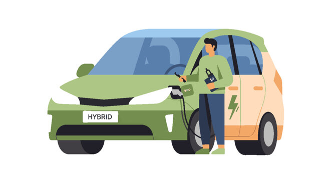 Man charging a green hybrid electric car at a charging station, illustrating sustainable transportation and eco-friendly technology.