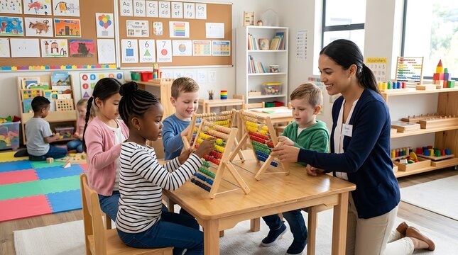 Teacher helping diverse group of young children learn to count using colorful wooden abacus in a bright preschool classroom