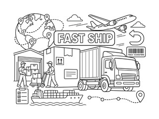 Obraz premium Logistics Delivery Service. Clean outline line art banner showing a logistics and delivery scene with one oversized delivery truck and one oversized shipping box stretching across the canvas, two