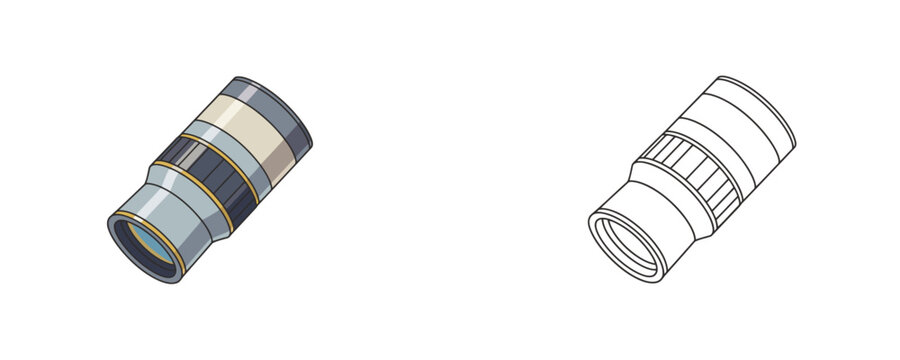 Vector illustration style of amateur astronomy Barlow lens in grey and golden colors used for multiplying telescope magnification and expanding optical focal length