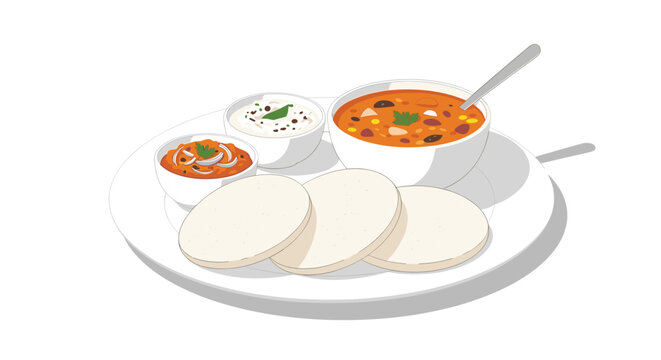 plate of soft steamed rice cakes known as idli is served with a bowl of vegetable sambar and two different types of flavorful indian chutneys.