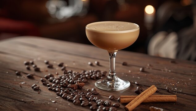 Irish cream and coffee liqueur. Coffee beans, cinnamon, and anise are spread across the table.