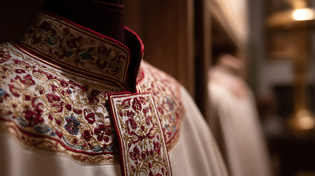 Close-up of a richly embroidered ornate religious robe or garment, featuring intricate floral patterns and gold accents on a cream background, displayed indoors