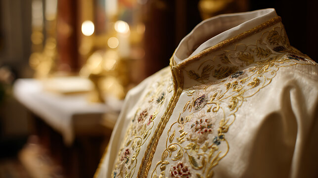 Close-up of a richly embroidered ornate religious or ceremonial vestment with golden patterns, soft focus background, symbol of tradition and ritual