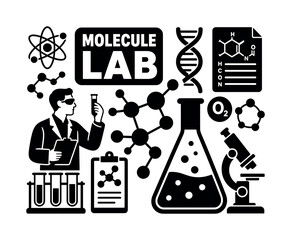 Obraz premium Molecule Science Chemistry. Clean solid filled banner composition of molecular science research with one scientist beside an oversized molecule chain and large laboratory flask reaching opposite