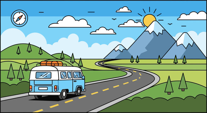 Retro Camper Van Driving on Scenic Mountain Road, Summer Travel Adventure