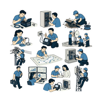 Fiber Optic Network collection of digital illustrations showing fiber optic cable, connection, splice, fusion repair, maintenance, network testing, signal management and telecom infrastructure, 12?20