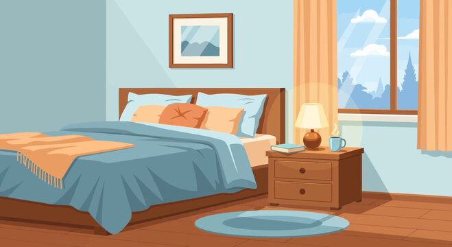 Cozy Bedroom Interior with Bed, Nightstand, Lamp, and Window View