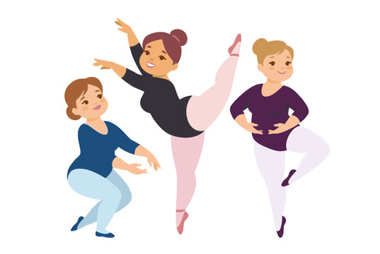 Three diverse women performing graceful ballet moves. Middleaged dancers showcasing confidence, positivity, ballet poses. Cartoon style, versatile contemporary characters, isolated white background